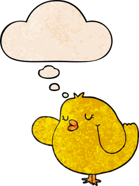 Bir insan tarafından çizilmiş grunge desenli düşünce baloncuklu çizgi film kuşu.