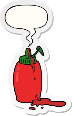 Bir insan tarafından çizilmiş konuşma balonu çıkartmalı domates şişesi.