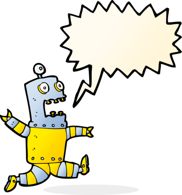 Bir insan tarafından çizilmiş konuşma balonu olan korkmuş robot çizgi film.