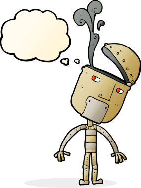 Bir insan tarafından çizilmiş düşünce baloncuklu açık kafalı çizgi film robotu.