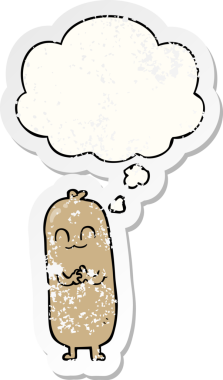 Düşünce baloncuklu çizgi film sosisi insan tarafından çizilmiş yıpranmış bir çıkartma gibi.