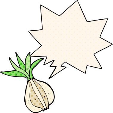 Bir insan tarafından çizilmiş çizgi roman tarzında konuşma baloncuklu çizgi film soğanı.