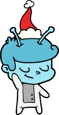 Bir insan tarafından çizilmiş Noel Baba şapkası giymiş bir uzay adamı çizimi.