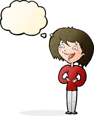 Bir insan tarafından çizilmiş düşünce baloncuğu olan heyecanlı bir kadın.