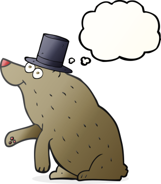 Bir insan tarafından çizilmiş serbest çizim balon çizgi film ayısı silindir şapkalı.