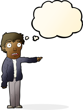 Bir insan tarafından çizilmiş düşünce baloncuğuyla işaret eden korkmuş bir çizgi film.