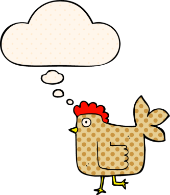 Çizgi roman tarzında bir insan tarafından çizilmiş düşünce baloncuklu çizgi film tavuğu.