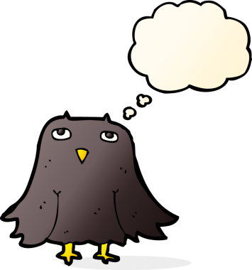 Bir insan tarafından çizilmiş düşünce baloncuklu çizgi film baykuşu