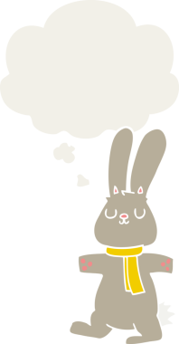 Düşünce baloncuklu çizgi film tavşanı insan tarafından çizilmiş.