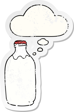 Düşünce baloncuğu olan çizgi film süt şişesi insan tarafından çizilmiş yıpranmış bir çıkartma.