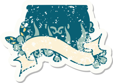 Bir insan tarafından çizilmiş yanan bir kazanın sancağı olan eski bir etiket.