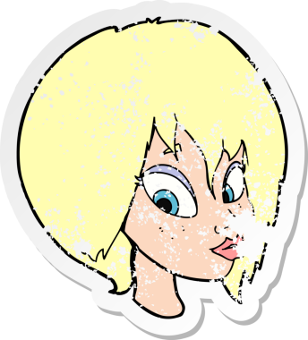 Çizgi filmin gerilimli retro yapıştırması. Bir insan tarafından çizilmiş güzel kadın suratı.