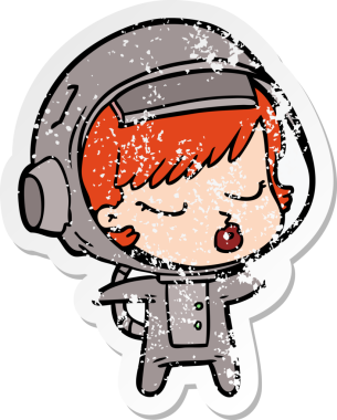 Bir karikatür çıkartması. Bir insan tarafından çizilmiş güzel astronot kız.