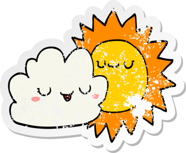 Çizgi film güneşinin sıkıntılı çıkartması ve bir insan tarafından çizilmiş bulut.