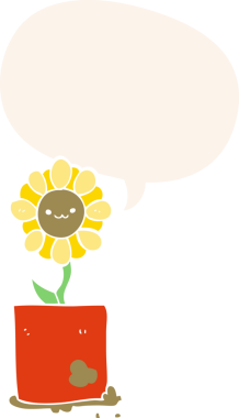 Bir insan tarafından çizilmiş, konuşma baloncuklu sevimli bir karikatür çiçeği.