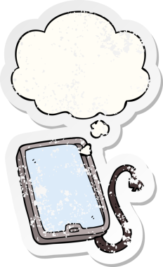 Düşünce baloncuklu çizgi film bilgisayar tableti insan tarafından çizilmiş yıpranmış bir çıkartma.