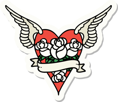 Geleneksel bir dövme stili. Uçan kalp. Çiçekler ve bir insan tarafından çizilmiş bayrak.