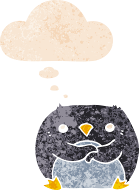 Düşünce baloncuğu olan karikatür pengueni bir insan tarafından çizilmiş dertli retro desenli.