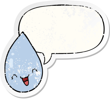 Konuşma baloncuklu karikatür yağmur damlası bir insan tarafından çizilmiş sıkıntılı eski bir çıkartma