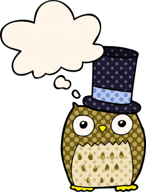 Bir insan tarafından çizilmiş, düşünce baloncuklu silindir şapkalı çizgi film baykuşu.