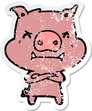 Bir insan tarafından çizilmiş kızgın çizgi film domuzunun sıkıntılı çıkartması.