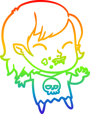 Gökkuşağı gradyan çizgisi. Bir insan tarafından çizilmiş yanağında kan olan vampir bir kız çizgi filmi.