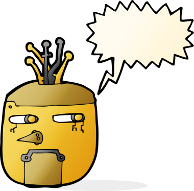 bir insan tarafından çizilmiş konuşma balonlu altın robot kafası.