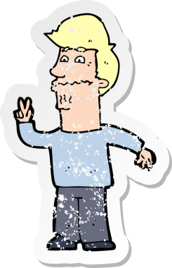 Bir insan tarafından çizilmiş barış işareti veren bir çizgi film karakterinin gerilimli retro yapıştırması