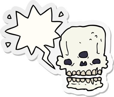 Bir insan tarafından çizilmiş konuşma kabarcığı yapıştırmalı karikatürümsü kafatası.