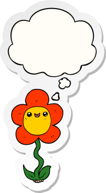 Düşünce baloncuklu karikatür çiçeği insan tarafından çizilmiş bir çıkartma gibi.