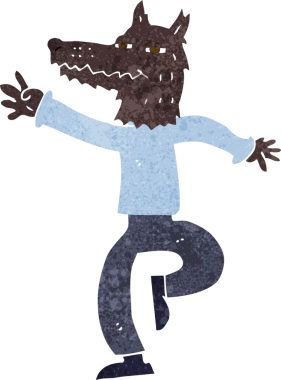 Bir insan tarafından çizilmiş mutlu kurt adam çizgi filmi.