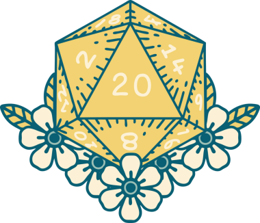 Retro Dövme Biçimi Doğal 20 D20 zar bir insan tarafından çizilmiş çiçek elementleriyle