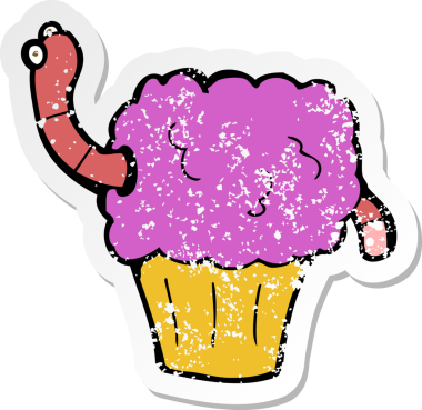 Bir insan tarafından çizilmiş kapkekin içindeki karikatür solucanının sıkıntılı retro yapıştırması.