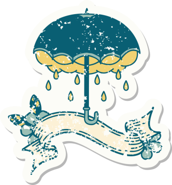 Bir insan tarafından çizilmiş şemsiye ve fırtına bulutlu eski bir etiket.