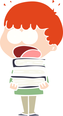 Düz renkli çizgi film bir insan tarafından çizilmiş kitap yığınıyla şoka uğramış çocuk.