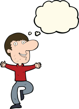 Bir insan tarafından çizilmiş düşünce balonlu mutlu adam çizgi filmi.