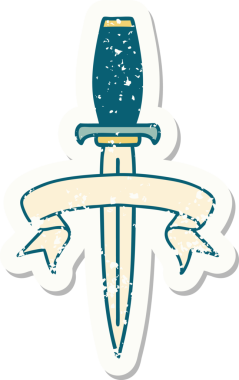 Bir insan tarafından çizilmiş bir hançerin bayrağı olan eski bir etiket.