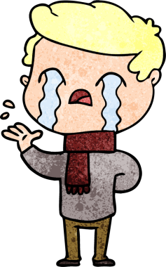 Bir insan tarafından çizilmiş kış eşarbı takmış ağlayan çizgi film adamı.