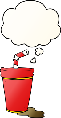 Düşünce baloncuğu olan karikatür soda bardağı bir insan tarafından çizilmiş.