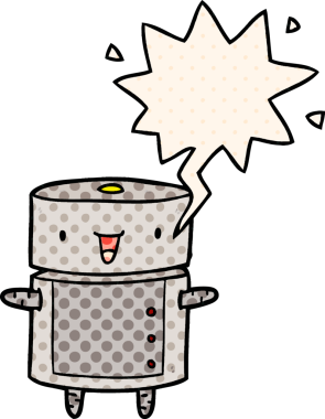 Bir insan tarafından çizilmiş çizgi roman tarzı konuşma balonu olan sevimli bir robot.