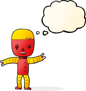 Bir insan tarafından çizilmiş düşünce baloncuklu çizgi film robotu