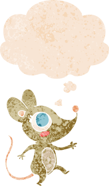 grunge 'da düşünce baloncuğu olan çizgi film faresi bir insan tarafından çizilmiş gerilimli retro desen tarzı