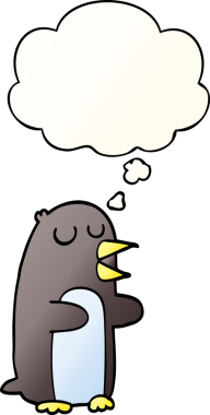 Düşünce baloncuğu olan karikatür pengueni bir insan tarafından çizilmiş.