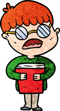 Çizgi filmci çocuk, bir insan tarafından çizilmiş gözlük takarak kitabı kucaklıyor.