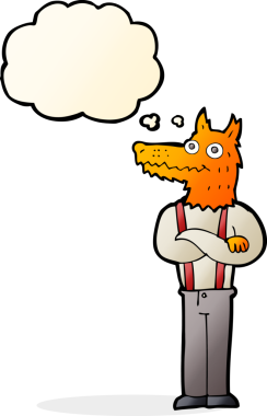 Bir insan tarafından çizilmiş düşünce balonlu komik tilki çizgi filmi.