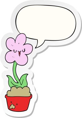 Bir insan tarafından çizilmiş baloncuk çıkartmalı şirin bir karikatür çiçeği.