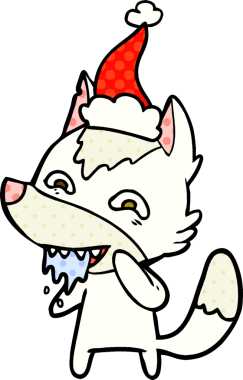 Bir insan tarafından çizilmiş Noel Baba şapkası giymiş aç bir kurdun el çizimi çizgi roman çizimi.