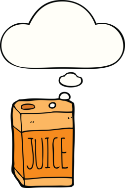 Bir insan tarafından çizilmiş düşünce baloncuklu meyve suyu kutusu.