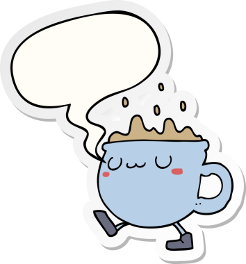 Bir insan tarafından çizilmiş konuşma kabarcığı çıkartmasıyla yürüyen çizgi film kahve fincanı.