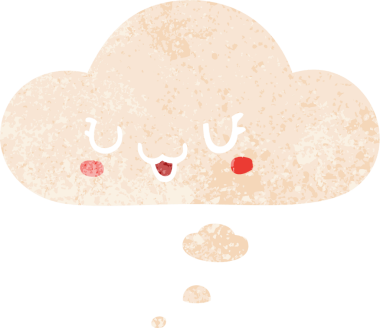 Düşünce baloncuğu ve grunge ile sevimli mutlu çizgi film yüzü bir insan tarafından çizilmiş sıkıntılı retro dokuma tarzı